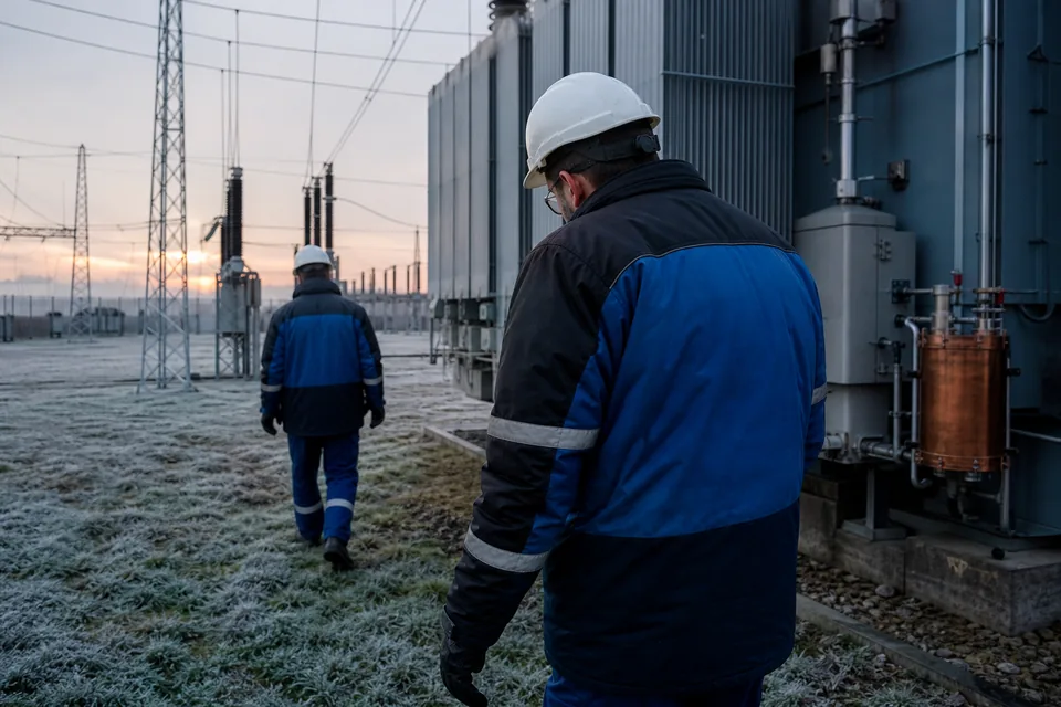 Technicy idą między transformatorami stacji wysokiego napięcia o świcie