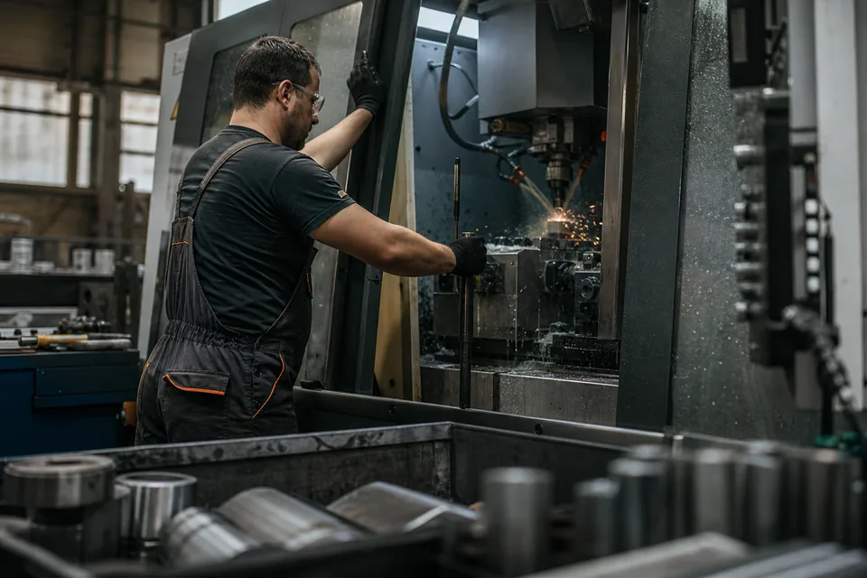 Operator ustawia obrabiarkę CNC w hali produkcyjnej