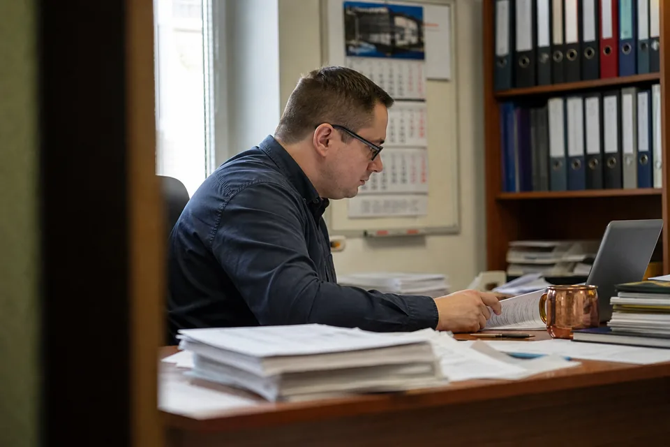 Księgowy przygotowuje deklarację podatkową spółki w biurze rachunkowym