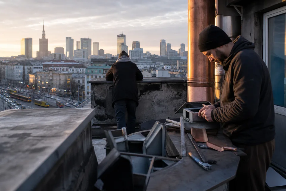 Panorama biurowców Warszawy o wschodzie słońca