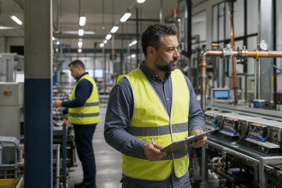 Kierownik zakładu z podkładką idzie wzdłuż linii produkcyjnej